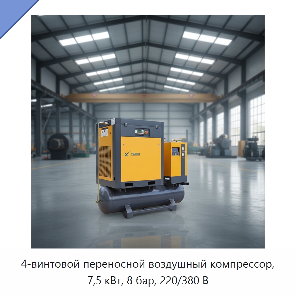 4-винтовой переносной воздушный компрессор, 7,5 кВт, 8 бар, 220/380 В — Промышленные компрессоры