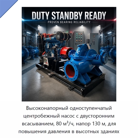 Высоконапорный одноступенчатый центробежный насос с двусторонним всасыванием, 80 м³/ч, напор 130 м, для повышения давления в высотных зданиях