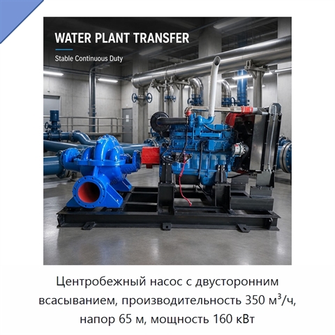 Центробежный насос с двусторонним всасыванием, производительность 350 м³/ч, напор 65 м, мощность 160 кВт