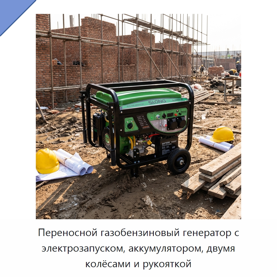 Переносной газобензиновый генератор с электрозапуском, аккумулятором, двумя колёсами и рукояткой — Газотурбинные генераторы