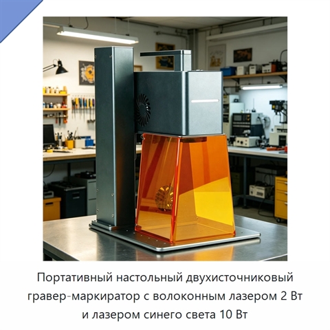 Портативный настольный двухисточниковый гравер-маркиратор с волоконным лазером 2 Вт и лазером синего света 10 Вт