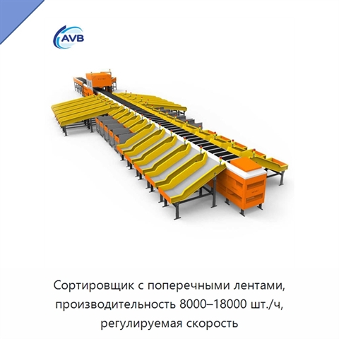Сортировщик с поперечными лентами, производительность 8000–18000 шт./ч, регулируемая скорость