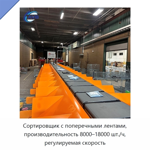 Сортировщик с поперечными лентами, производительность 8000–18000 шт./ч, регулируемая скорость