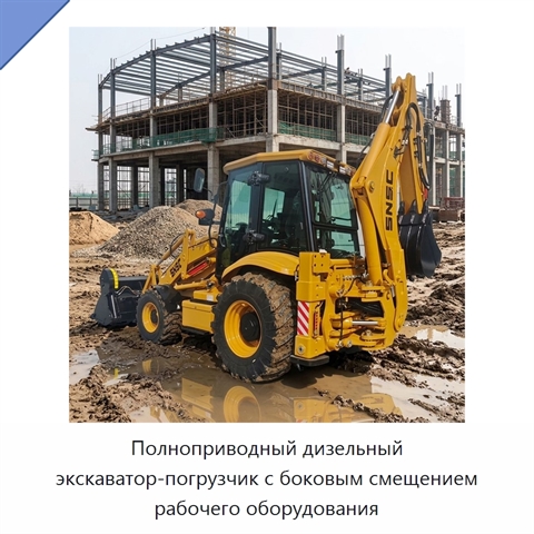 Полноприводный дизельный экскаватор-погрузчик с боковым смещением рабочего оборудования