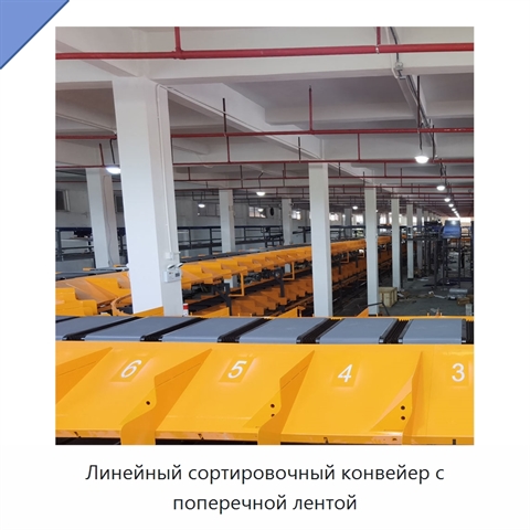 Линейный сортировочный конвейер с поперечной лентой