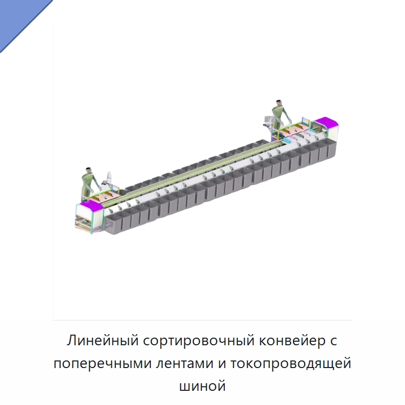 Линейный сортировочный конвейер с поперечными лентами и токопроводящей шиной — Специальное подъемно-транспортное оборудование