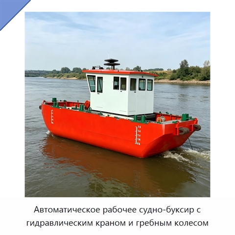 Автоматическое рабочее судно-буксир с гидравлическим краном и гребным колесом