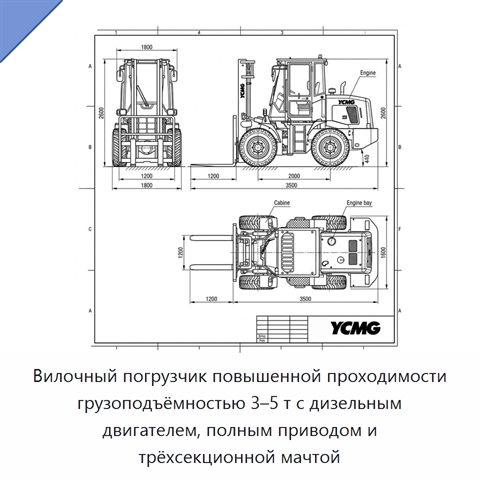 Вилочный погрузчик повышенной проходимости грузоподъёмностью 3–5 т с дизельным двигателем, полным приводом и трёхсекционной мачтой
