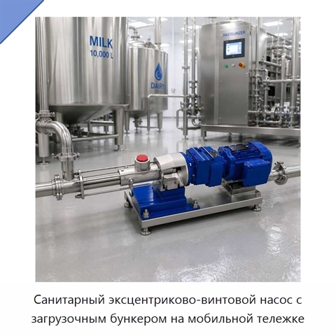 Санитарный эксцентриково-винтовой насос с загрузочным бункером на мобильной тележке