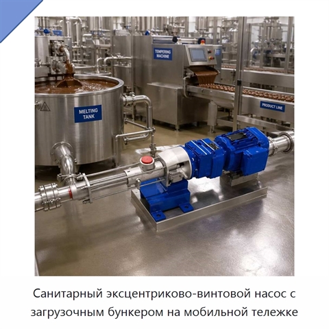 Санитарный эксцентриково-винтовой насос с загрузочным бункером на мобильной тележке