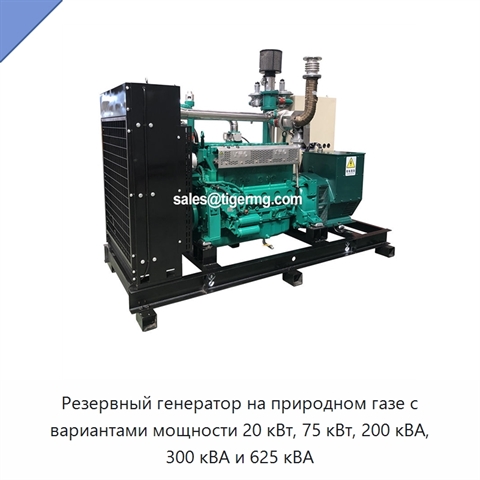 Резервный генератор на природном газе с вариантами мощности 20 кВт, 75 кВт, 200 кВА, 300 кВА и 625 кВА