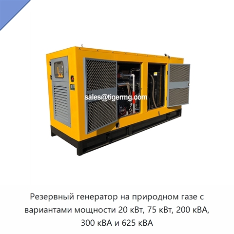 Резервный генератор на природном газе с вариантами мощности 20 кВт, 75 кВт, 200 кВА, 300 кВА и 625 кВА