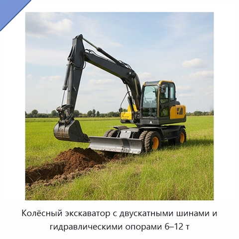 Колёсный экскаватор с двускатными шинами и гидравлическими опорами 6–12 т