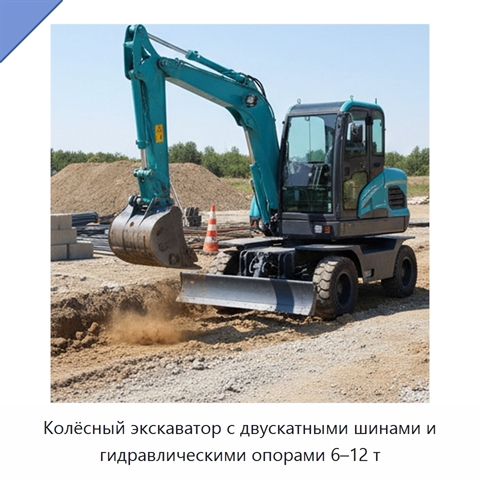 Колёсный экскаватор с двускатными шинами и гидравлическими опорами 6–12 т