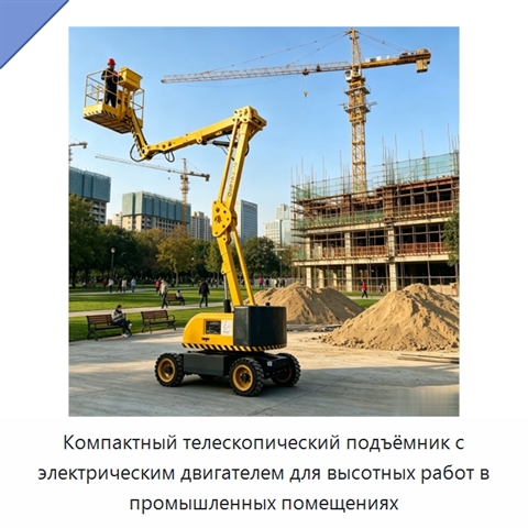Компактный телескопический подъёмник с электрическим двигателем для высотных работ в промышленных помещениях