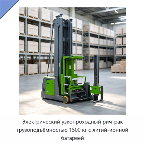 Электрический узкопроходный ричтрак грузоподъёмностью 1500 кг с литий-ионной батареей