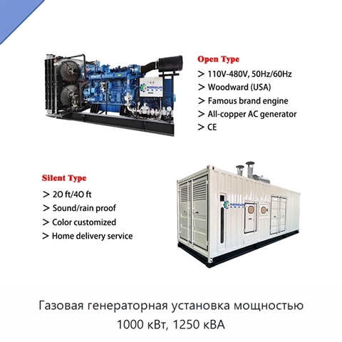 Газовая генераторная установка мощностью 1000 кВт, 1250 кВА