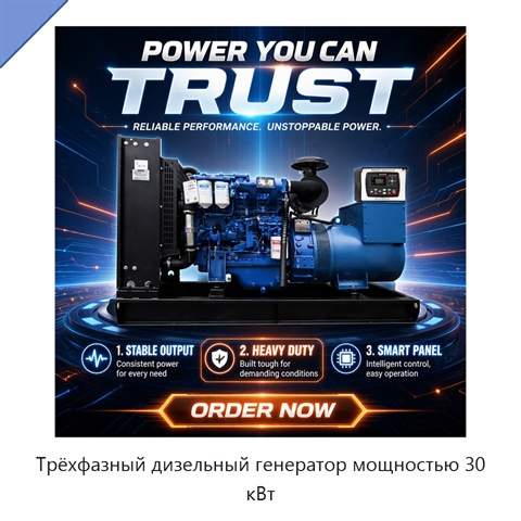 Трёхфазный дизельный генератор мощностью 30 кВт