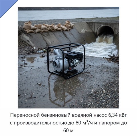 Переносной бензиновый водяной насос 6,34 кВт с производительностью до 80 м³/ч и напором до 60 м