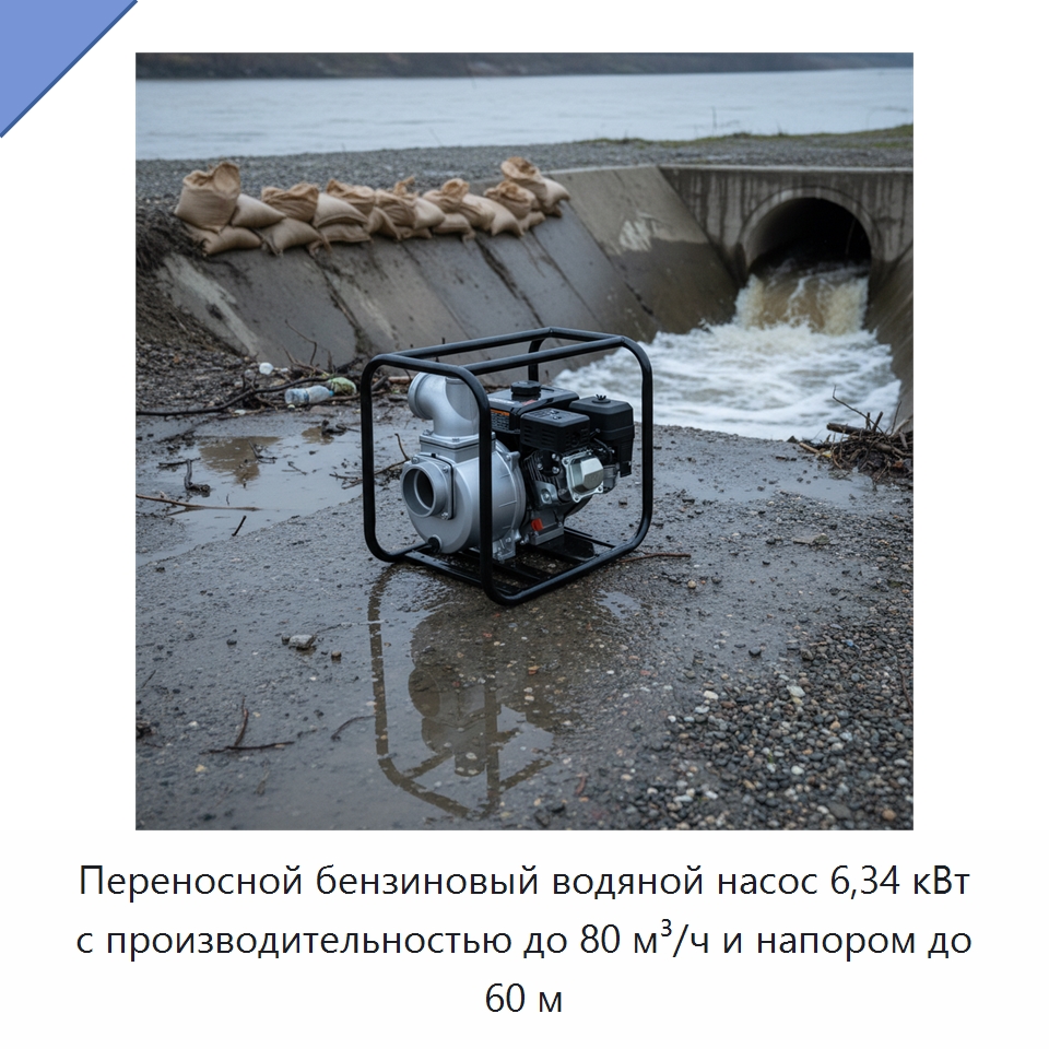 Переносной бензиновый водяной насос 6,34 кВт с производительностью до 80 м³/ч и напором до 60 м — Насосы