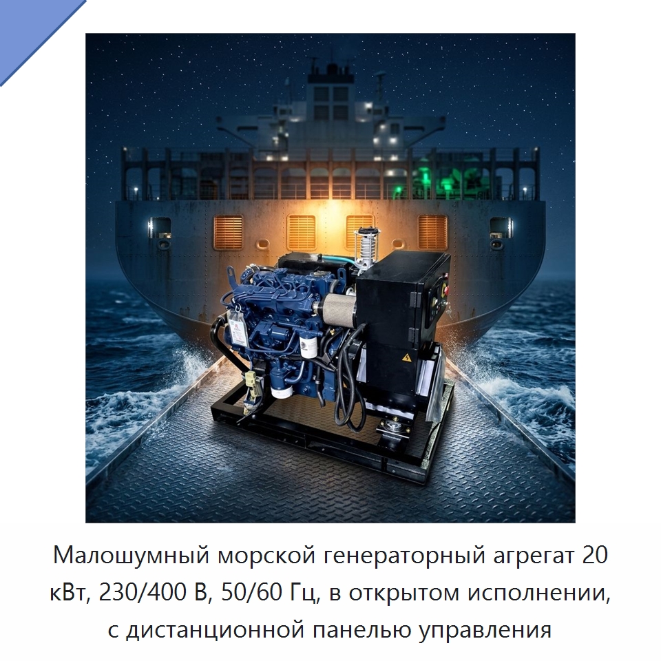Малошумный морской генераторный агрегат 20 кВт, 230/400 В, 50/60 Гц, в открытом исполнении, с дистанционной панелью управления — Дизельные генераторы