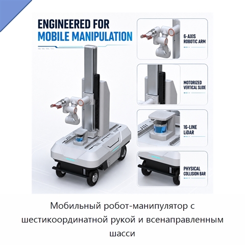Мобильный робот-манипулятор с шестикоординатной рукой и всенаправленным шасси