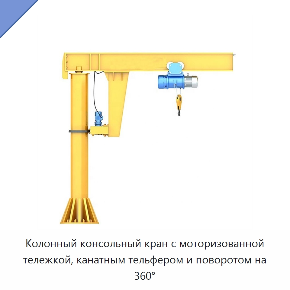 Колонный консольный кран с моторизованной тележкой, канатным тельфером и поворотом на 360° — Краны
