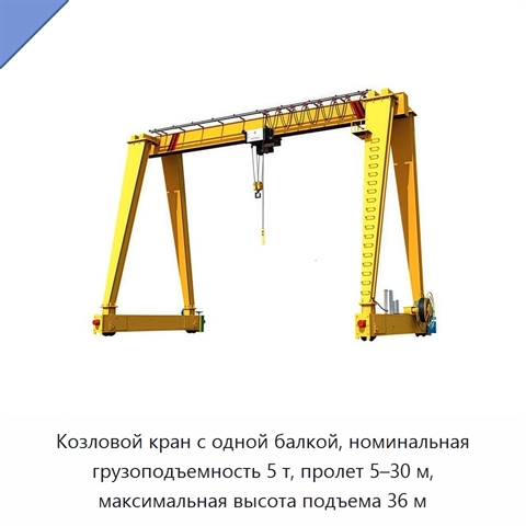 Козловой кран с одной балкой, номинальная грузоподъемность 5 т, пролет 5–30 м, максимальная высота подъема 36 м