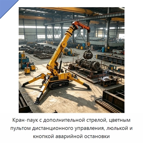 Кран-паук с дополнительной стрелой, цветным пультом дистанционного управления, люлькой и кнопкой аварийной остановки