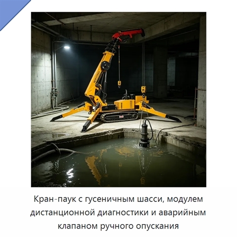 Кран-паук с гусеничным шасси, модулем дистанционной диагностики и аварийным клапаном ручного опускания