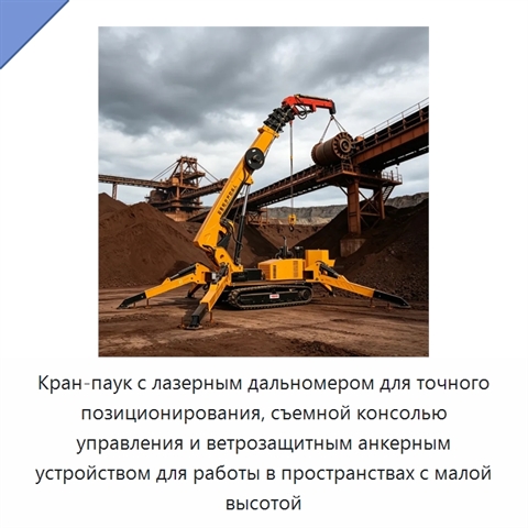 Кран-паук с лазерным дальномером для точного позиционирования, съемной консолью управления и ветрозащитным анкерным устройством для работы в пространствах с малой высотой