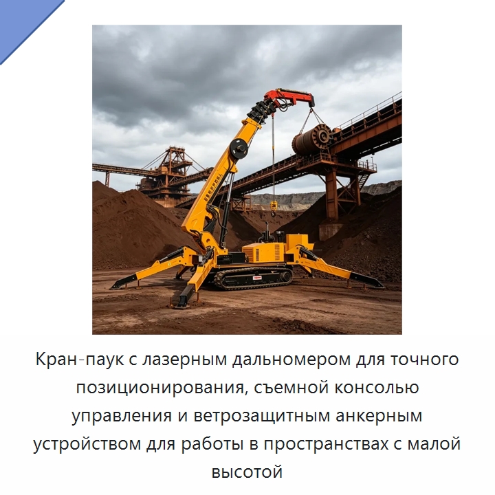 Кран-паук с лазерным дальномером для точного позиционирования, съемной консолью управления и ветрозащитным анкерным устройством для работы в пространствах с малой высотой — Краны