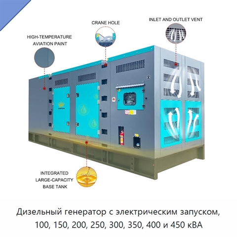 Дизельный генератор с электрическим запуском, 100, 150, 200, 250, 300, 350, 400 и 450 кВА