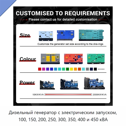 Дизельный генератор с электрическим запуском, 100, 150, 200, 250, 300, 350, 400 и 450 кВА