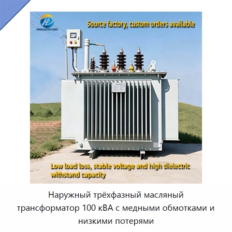 Наружный трёхфазный масляный трансформатор 100 кВА с медными обмотками и низкими потерями
