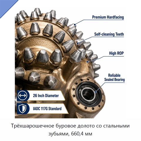Трёхшарошечное буровое долото со стальными зубьями, 660,4 мм