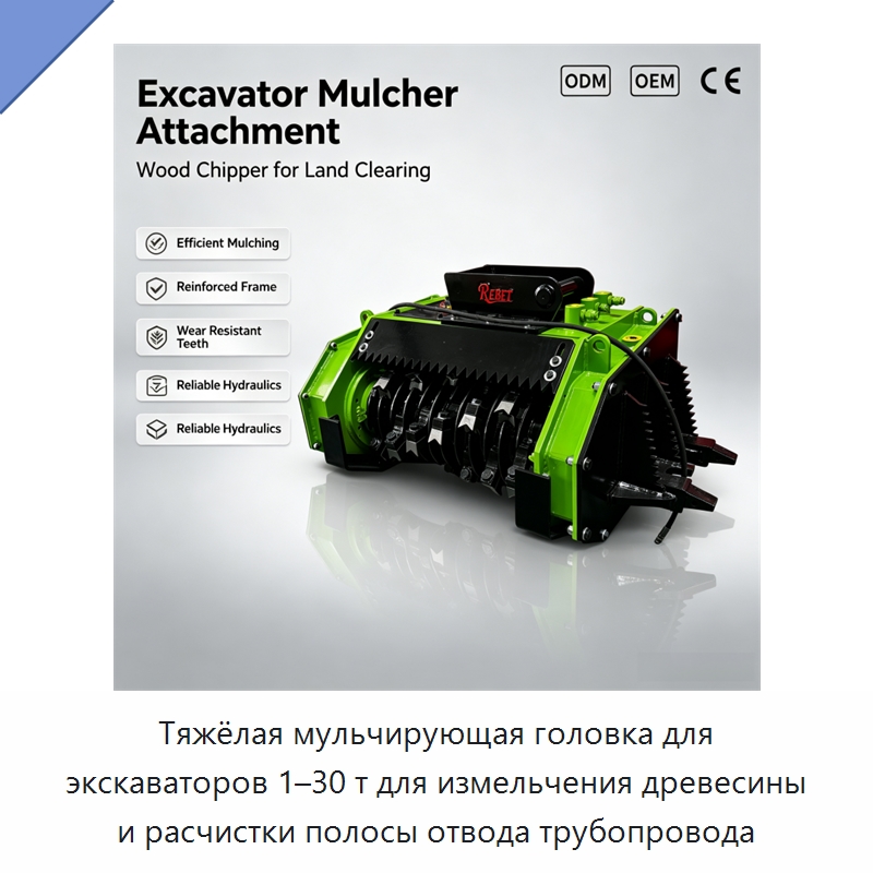 Тяжёлая мульчирующая головка для экскаваторов 1–30 т для измельчения древесины и расчистки полосы отвода трубопровода — Навесное оборудование для строительной техники