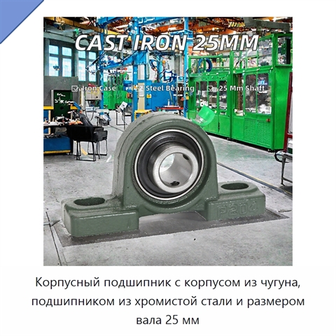 Корпусный подшипник с корпусом из чугуна, подшипником из хромистой стали и размером вала 25 мм